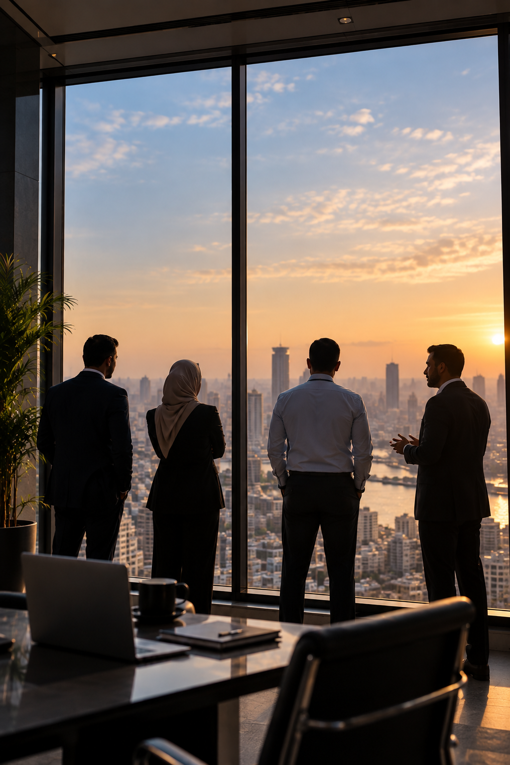 Team silhouetted against a high-rise window